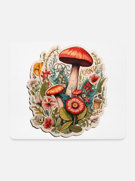 Boho Kunst mit Pilzen und Blumen - Mousepad (Querformat) - Weiß