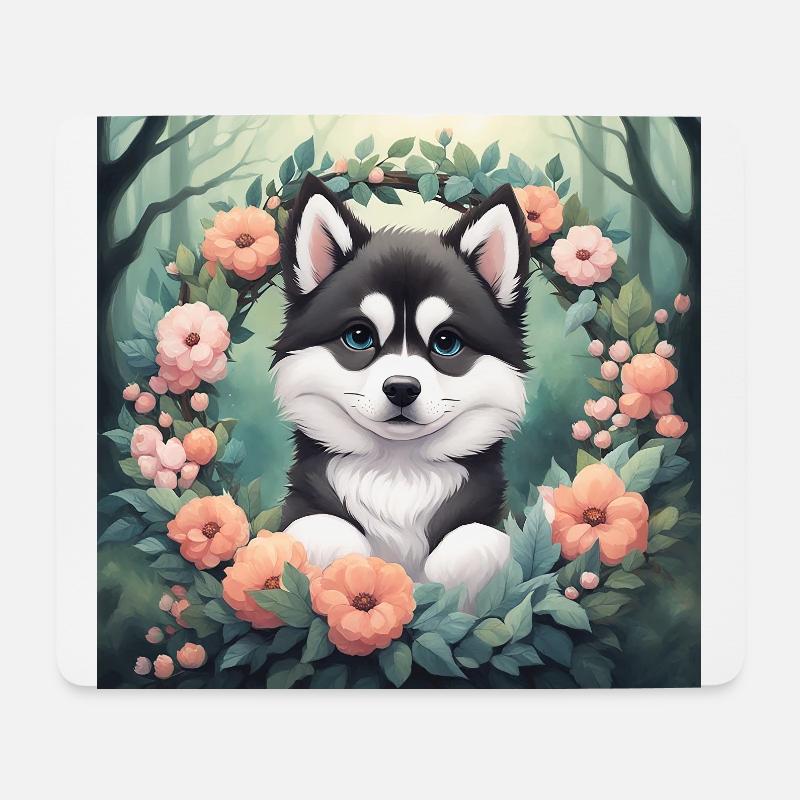 Mignon bébé Alaska Malamute Floral - Tapis de souris (format paysage) - blanc