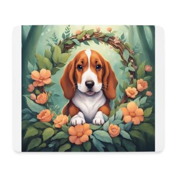 Mignon Kawaii bébé Basset Hound Floral - Tapis de souris (format paysage) - blanc - Devant