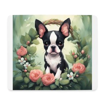 Mignon Kawaii bébé Boston Terrier Floral - Tapis de souris (format paysage) - blanc - Devant