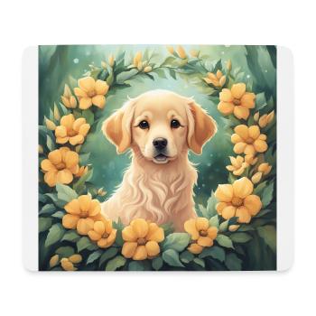 Mignon Kawaii bébé Golden Retriever Floral - Tapis de souris (format paysage) - blanc - Devant