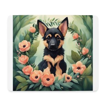 Cute Kawaii Baby German Shepherd Floral - Mouse Pad (horizontal) - white - Front