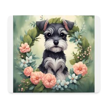 Mignon Kawaii bébé Schnauzer Floral - Tapis de souris (format paysage) - blanc - Devant