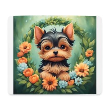 Mignon Kawaii bébé Yorkshire terrier Floral - Tapis de souris (format paysage) - blanc - Devant