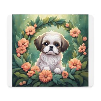 Mignon Kawaii bébé Shih Tzu Floral - Tapis de souris (format paysage) - blanc - Devant