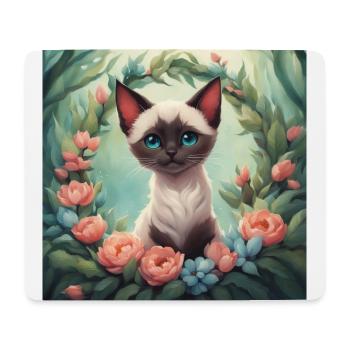 Cute Kawaii Baby Siamese Cat Floral - Mouse Pad (horizontal) - white - Front