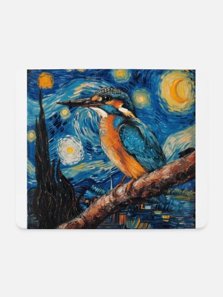 eisvogel, vogel, van gogh, sternennacht - Mousepad (Querformat) - Weiß