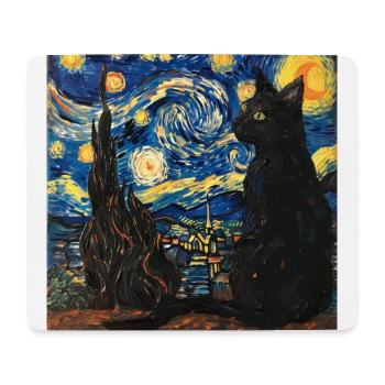 schwarze katze, katze, tier, van gogh, sternenacht - Mousepad (Querformat) - Weiß - Vorne