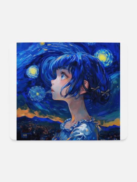 anime, anime mädchen, otaku, waifu, van gogh - Mousepad (Querformat) - Weiß