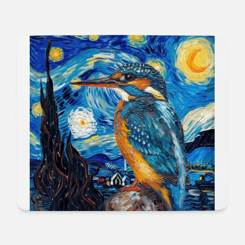 eisvogel, vogel, tier, van gogh, sternenacht - Mousepad (Querformat) - Weiß