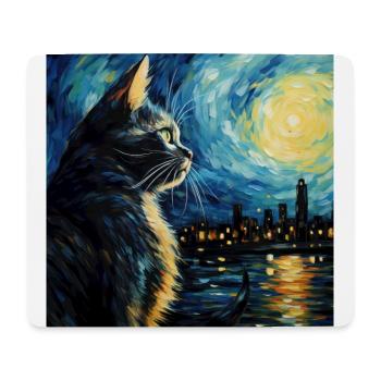 Chat, Motif De Chat, Van Gogh, Nuit Étoilée - Tapis de souris (format paysage) - blanc - Devant