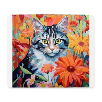 chat, motif de chat, fleurs, cadeau, idée cadeau - Tapis de souris (format paysage) - blanc - Devant
