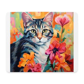 chat, motif de chat, fleurs, cadeau, idée cadeau - Tapis de souris (format paysage) - blanc - Devant