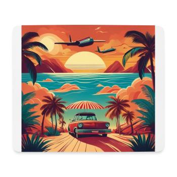 Vintage Beach Sunset with Red Car and Planes - Mouse Pad (horizontal) - white - Front