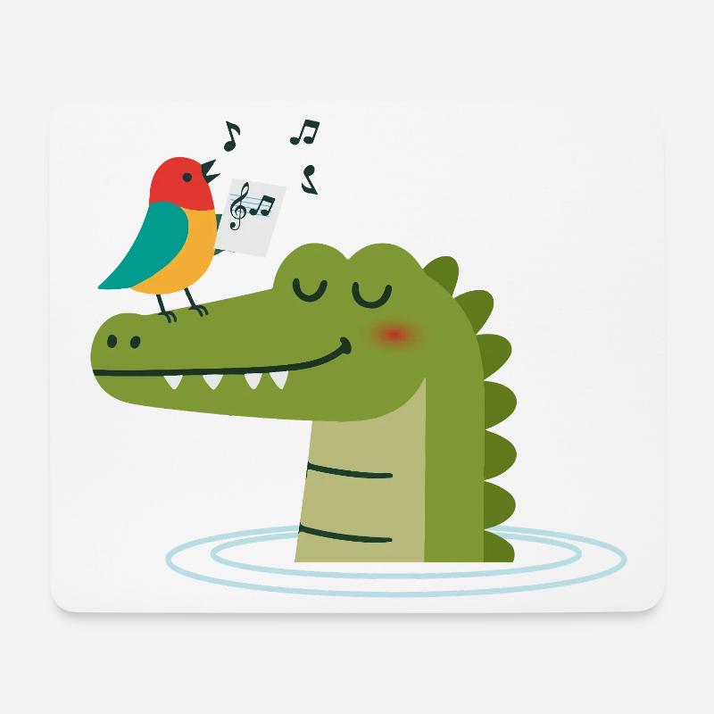 Singender Vogel auf Krokodil – Tierische Harmonie - Mousepad (Querformat) - Weiß