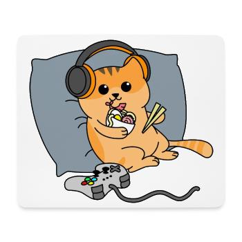 Cat Playing Video Games in Bed Eating Ramen - Mouse Pad (horizontal) - white - Front
