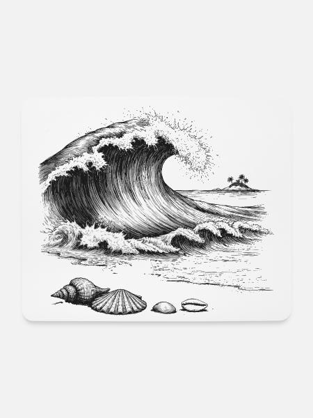 Große Ozeanwelle Mit Palmeninsel Und Muscheln - Mousepad (Querformat) - Weiß