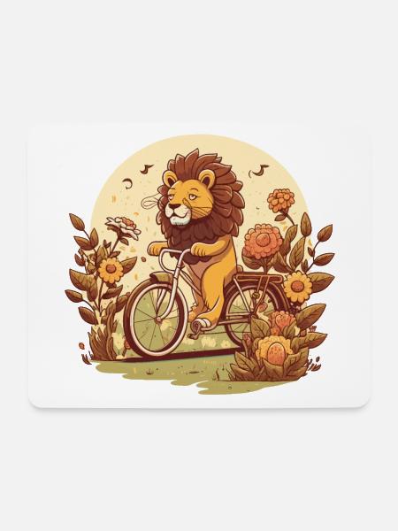 Löwe auf dem Fahrrad - Mousepad (Querformat) - Weiß