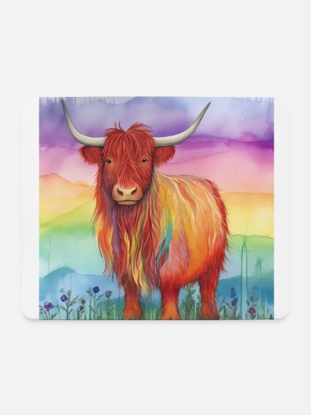 Watercolor Highland Cow with Vibrant Background - Mouse Pad (horizontal) - white