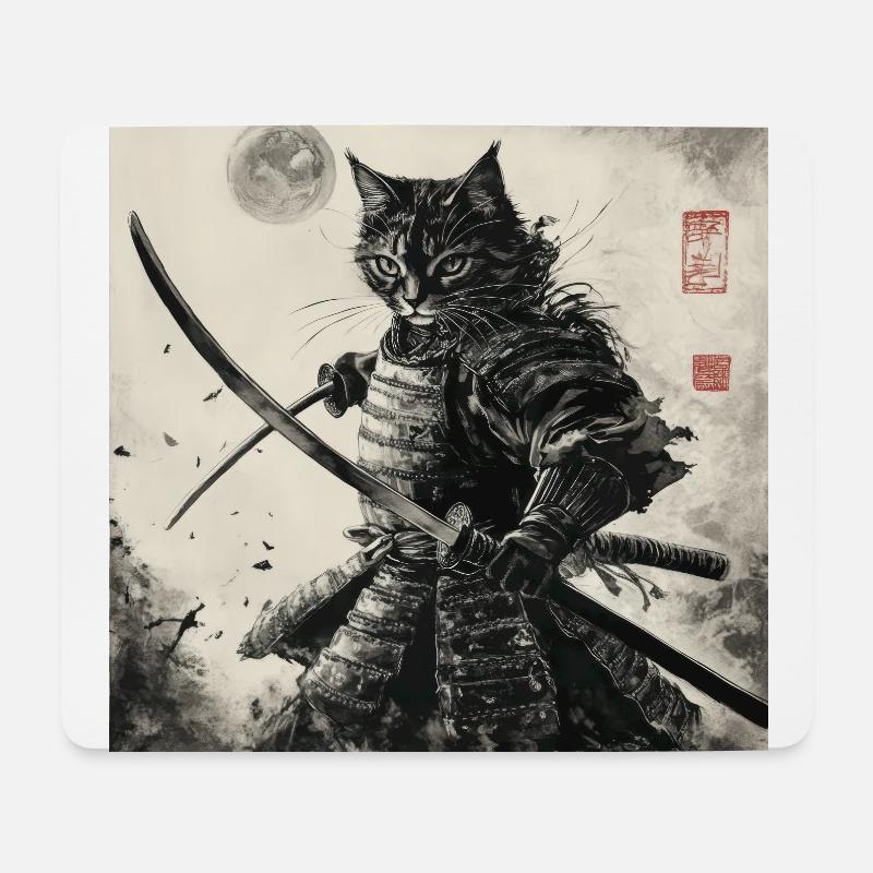 Chat Samouraï Japon Ukiyo-E - Tapis de souris (format paysage) - blanc