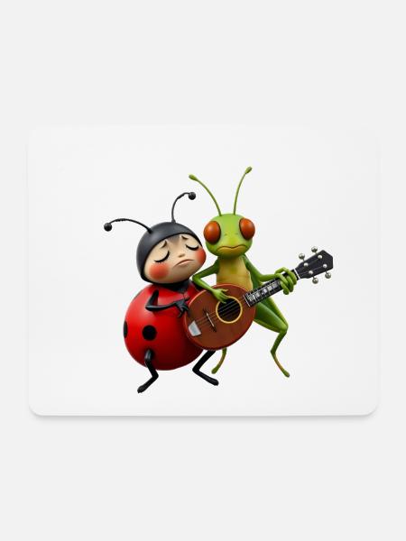 Coccinelle et sauterelle Jouant de la Mandoline - Tapis de souris (format paysage) - blanc