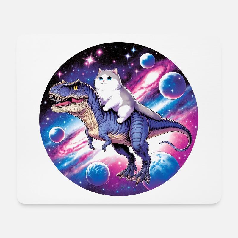 Kosmos-Tierreiter: Katze auf Dino - Mousepad (Querformat) - Weiß