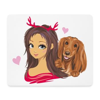Cute girl in red horns with her friend the dog - Mouse Pad (horizontal) - white - Front