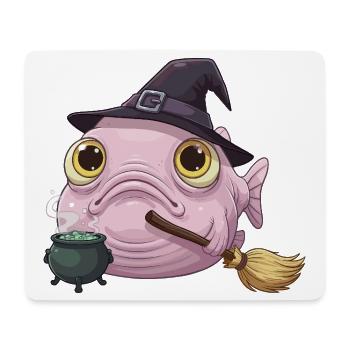 Poisson-Blobfish Drôle - Chapeau de Sorcière et Chaudron Magique - Tapis de souris (format paysage) - blanc - Devant