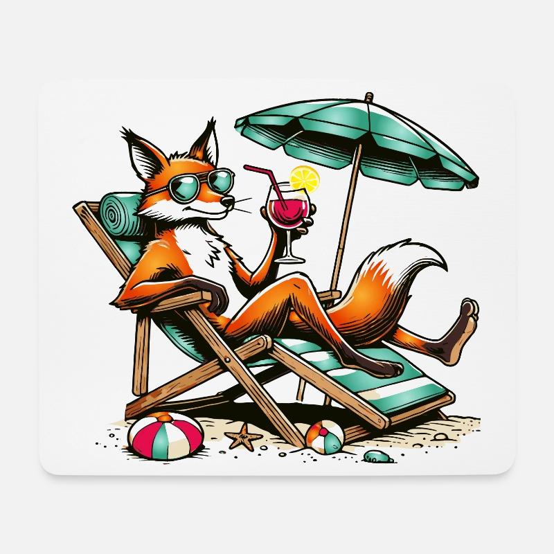 cooler Cartoon-Fuchs am Strand auf einer Liege - Mousepad (Querformat) - Weiß