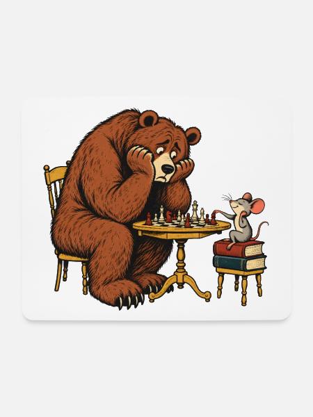 Bär & Maus beim Schach – Lustiges Schachmotiv - Mousepad (Querformat) - Weiß