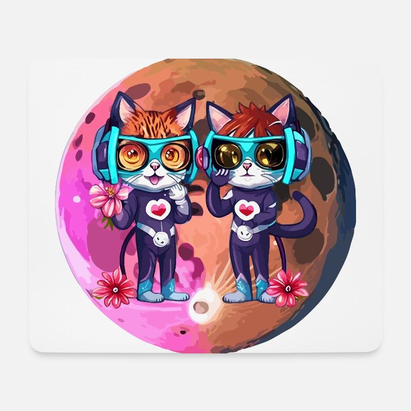 Coole Mond Katzen mit Kopfhörer - Mousepad (Querformat) - Weiß