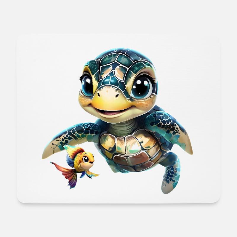 Animierte Meeresschildkröte mit Goldfisch - Mousepad (Querformat) - Weiß