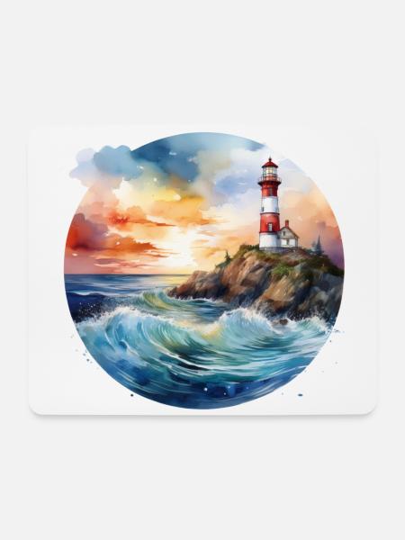 Majestätischer Leuchtturm bei Sonnenuntergang mit tosenden Wellen - Mousepad (Querformat) - Weiß