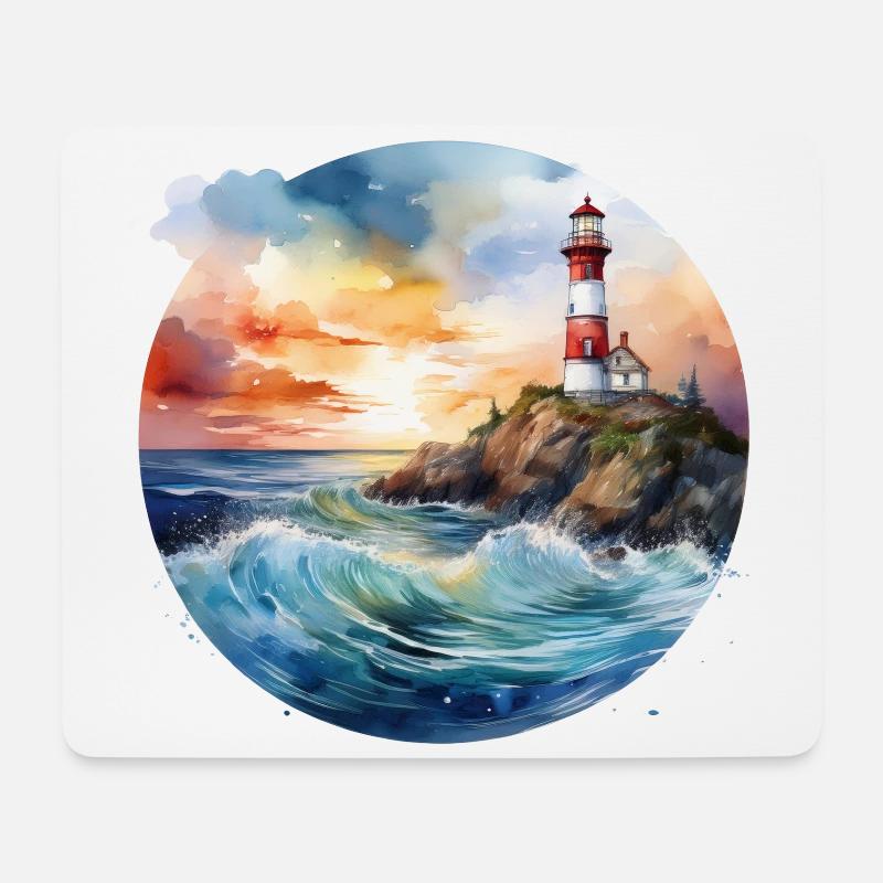 Majestätischer Leuchtturm bei Sonnenuntergang mit tosenden Wellen - Mousepad (Querformat) - Weiß