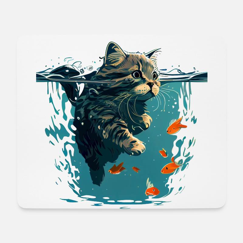 Schwimmende Katze mit Goldfischen - Mousepad (Querformat) - Weiß