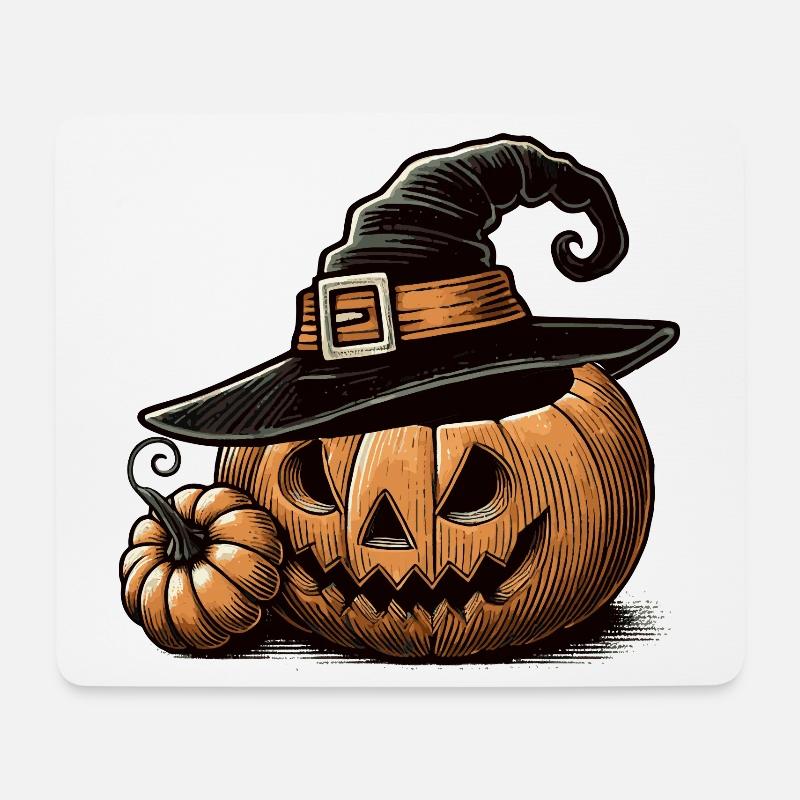 Zucca di Halloween con cappello da strega: l'horror perfetto - Tappetino per mouse (orizzontale) - bianco