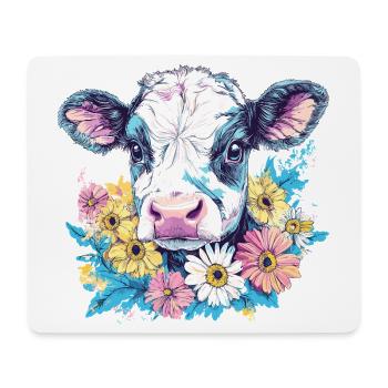 Vache avec couronne de fleurs aux couleurs vives - Tapis de souris (format paysage) - blanc - Devant