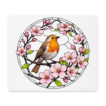 Robin with cherry blossoms stained glass window style - Mouse Pad (horizontal) - white - Front