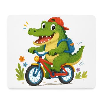 Fröhliches Krokodil fährt mit  Fahrrad zur Schule - Mousepad (Querformat) - Weiß - Vorne