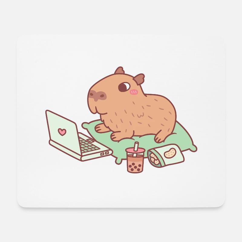 Süßes Capybara Chillen mit Laptop und Snacks - Mousepad (Querformat) - Weiß