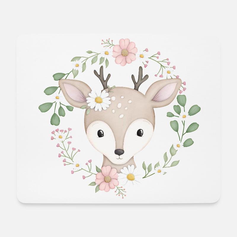 doux cerf dans une couronne de fleurs - Tapis de souris (format paysage) - blanc
