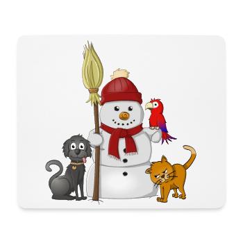 Bonhomme de neige avec écharpe rouge, chien, chat et perroquet - Tapis de souris (format paysage) - blanc - Devant