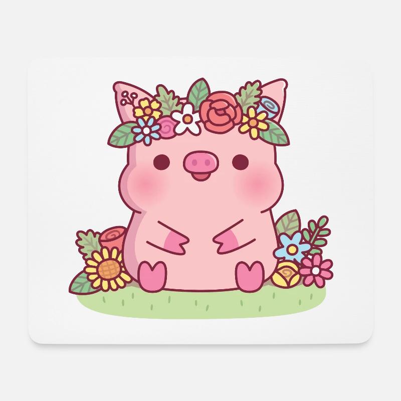 Mignon cochon avec couronne de fleurs floral - Tapis de souris (format paysage) - blanc