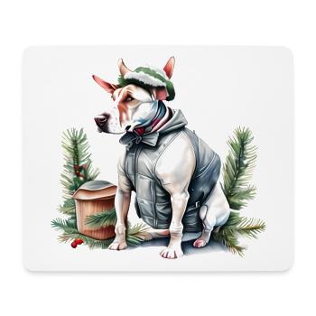 Bull Terrier anglais dans un chapeau de Père Noël - Tapis de souris (format paysage) - blanc - Devant