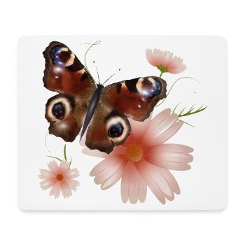 Papillon paon oeil avec des fleurs roses - Tapis de souris (format paysage) - blanc - Devant