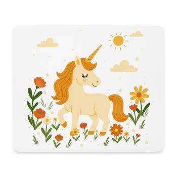 Einhorn auf Blumenwiese –Fröhliche Szene mit Sonne - Mousepad (Querformat) - Weiß - Vorne