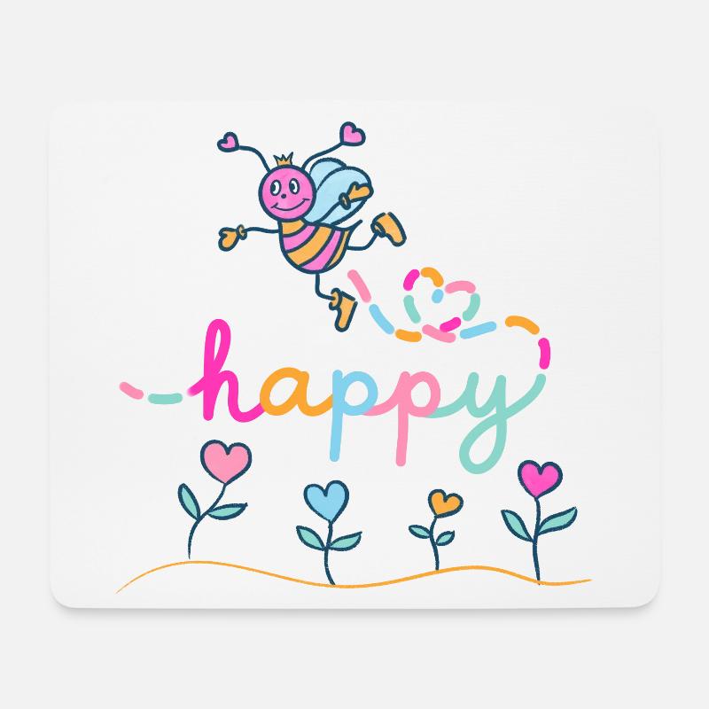 Be happy - Fröhliche Biene mit Herzblumen - Mousepad (Querformat) - Weiß