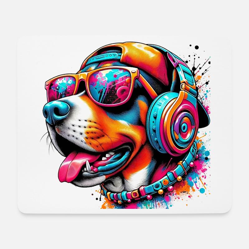 Hund DJ Hut und Sonnenbrille hört Musik - Mousepad (Querformat) - Weiß