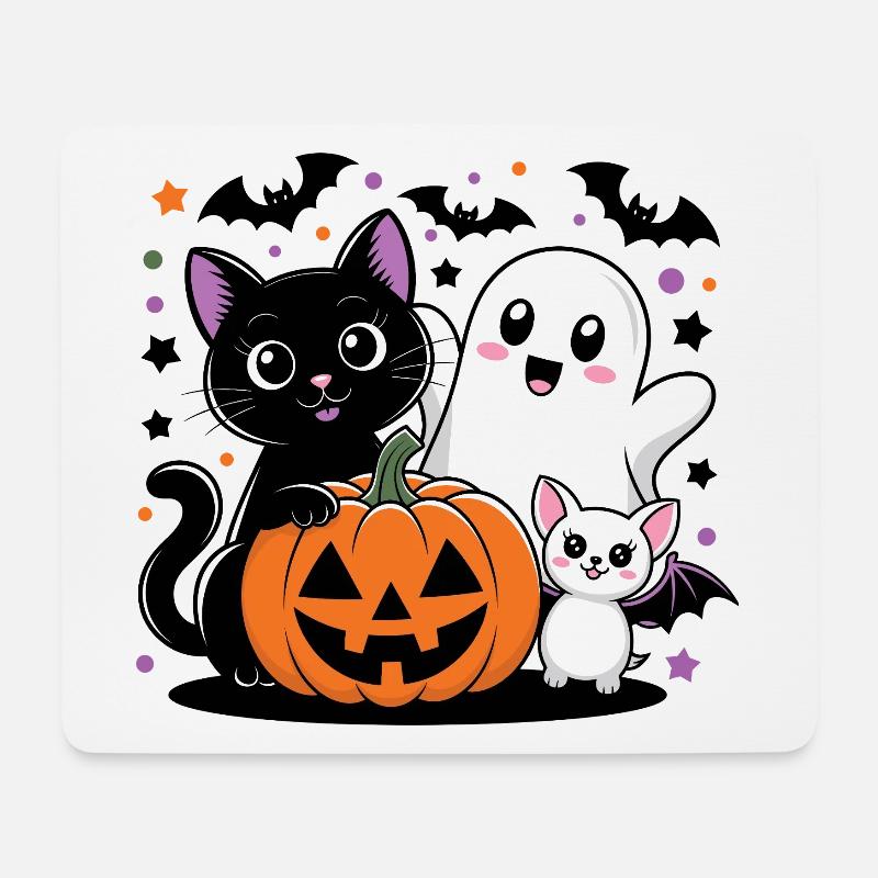 Halloween Geist und Katze mit Kürbis - Mousepad (Querformat) - Weiß