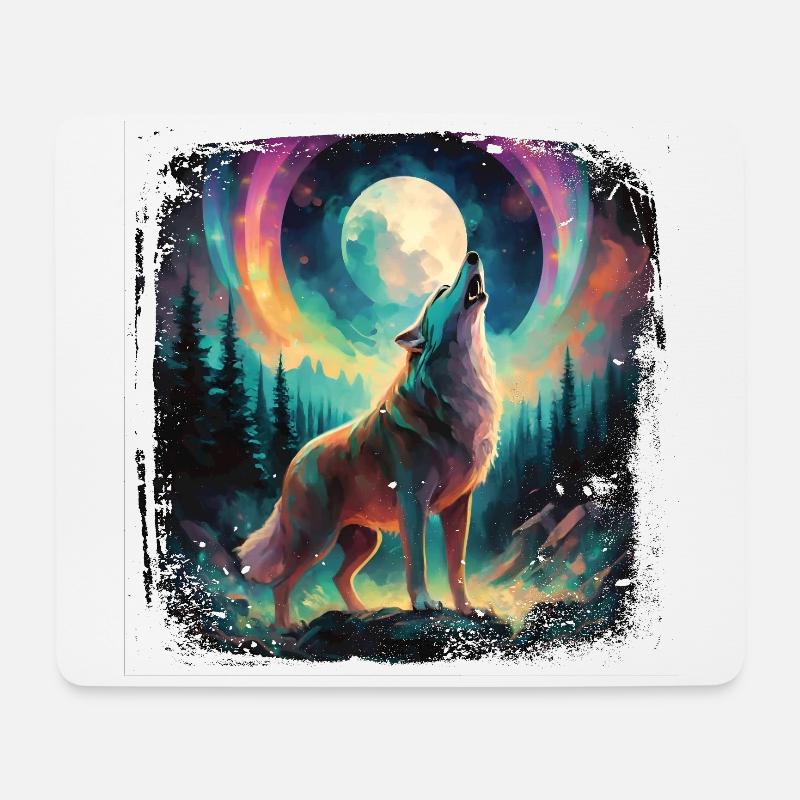 Wasserfarben Wolf Mond Fantasy Bunt Natur - Mousepad (Querformat) - Weiß